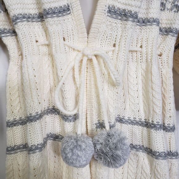 Apostrophe Womens Cardigan Sweater Large Pom Pom Cream Gray Tie Front 3/4 Sleeve - Picture 6 of 10